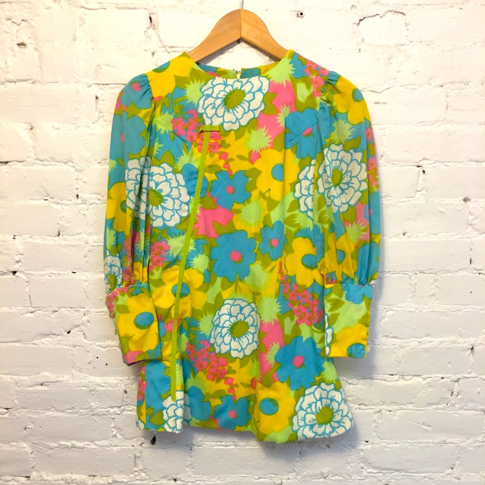 Vintage 70s handmade mutton sleeve mini dress yellow floral size xs